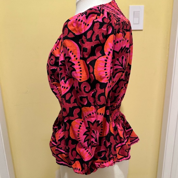 HOUSE OF HARLOW 1960 SMOCKED FLORAL PRINTED BLOUSE TOP - Picture 3 of 7